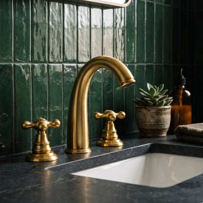 Unlacquered brass bathroom faucet with cross handles on a dark countertop against glossy green tiles