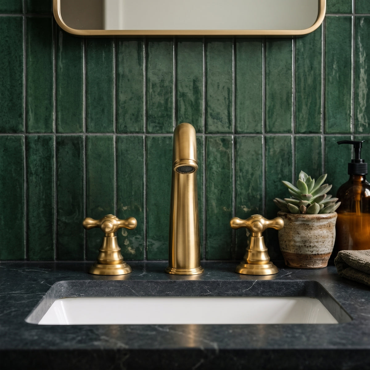 Front view of the unlacquered brass faucet and cross handles beneath a mirror against green bathroom tiles