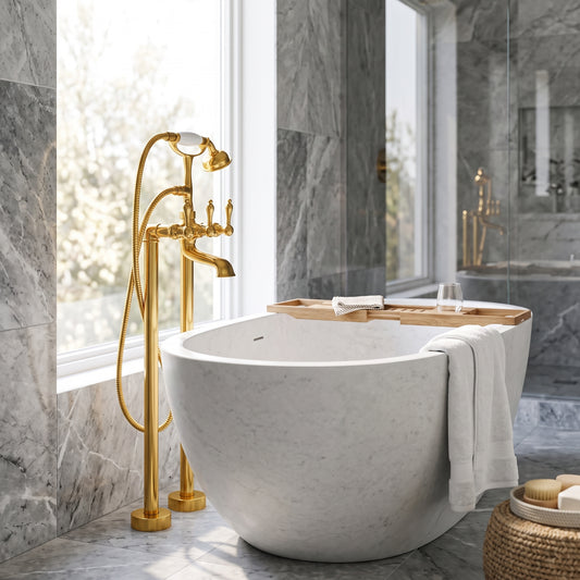 Unlacquered brass telephone tub filler beside a white oval bathtub beneath a tall window in a gray marble bathroom