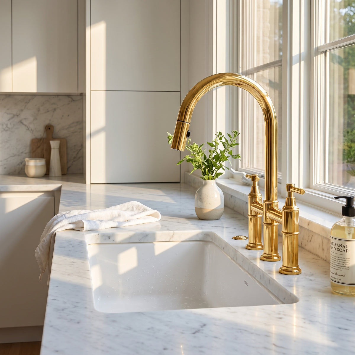 Angled view of an unlacquered brass pull-down bridge faucet installed beside a white sink and veined countertop