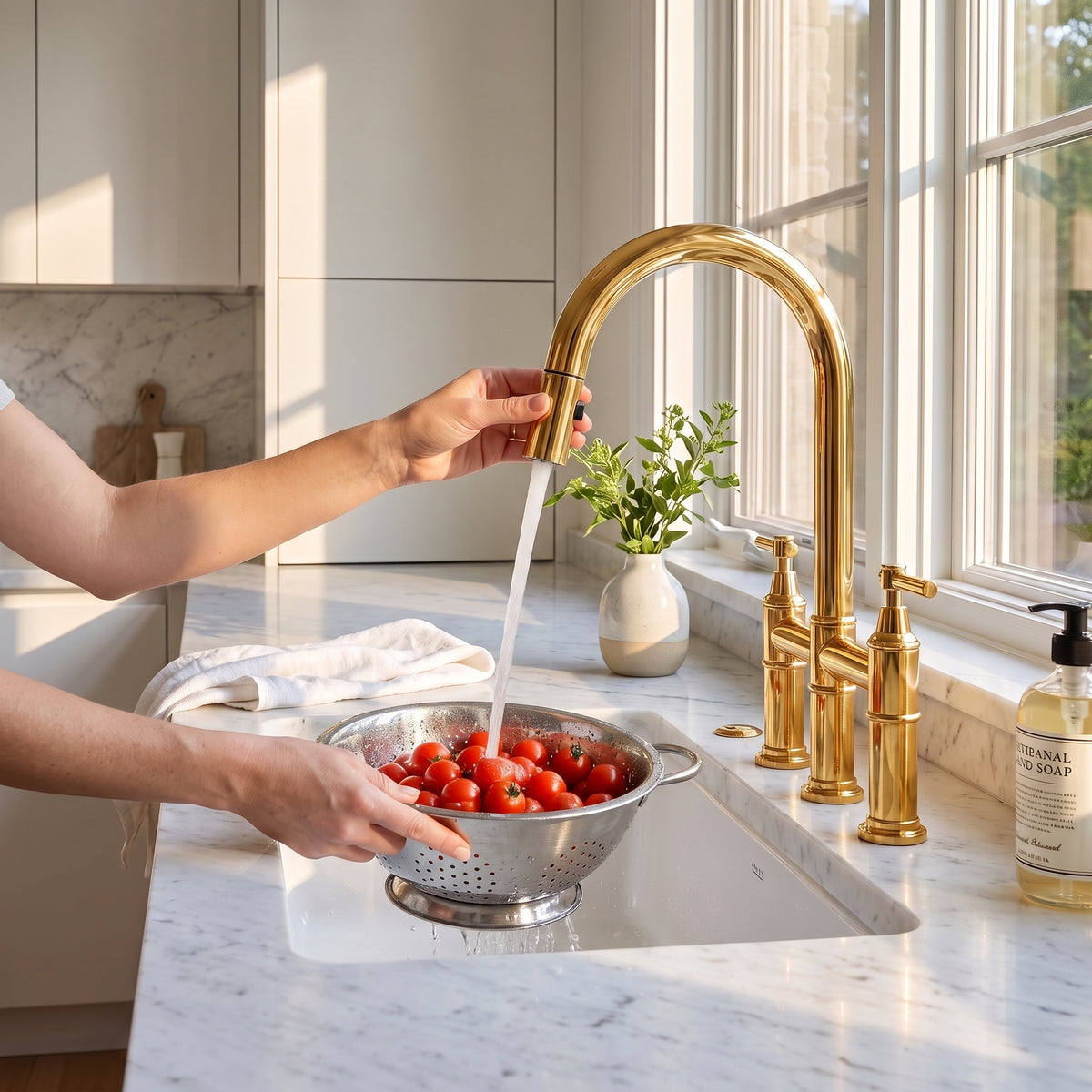 Hand holding the docked spray head of an unlacquered brass bridge faucet while water rinses tomatoes in a colander