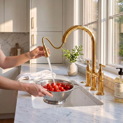 Extended pull-down head of an unlacquered brass bridge kitchen faucet rinsing tomatoes in a colander over a white sink.