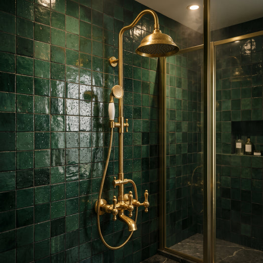 Wall-mounted unlacquered brass rain shower system with handheld and tub spout against green tiles beside a glass enclosure.