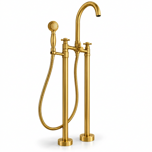 Unlacquered brass freestanding tub filler with gooseneck spout, cross handles and hand shower on a white background