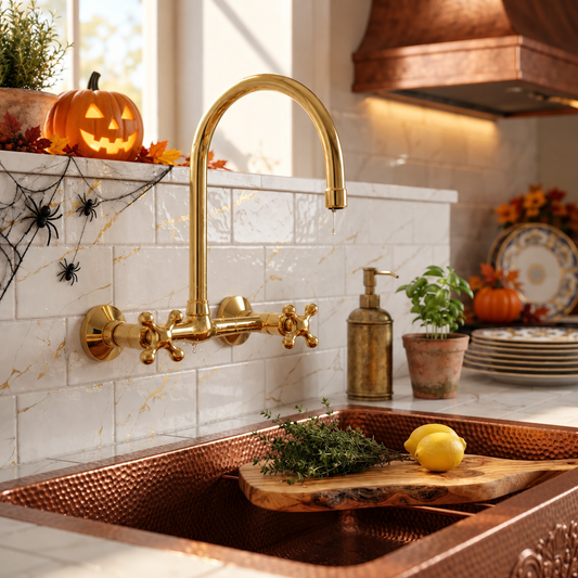 Unlacquered brass wall-mounted kitchen faucet above a hammered copper sink with elegant Halloween pumpkin decorations.
