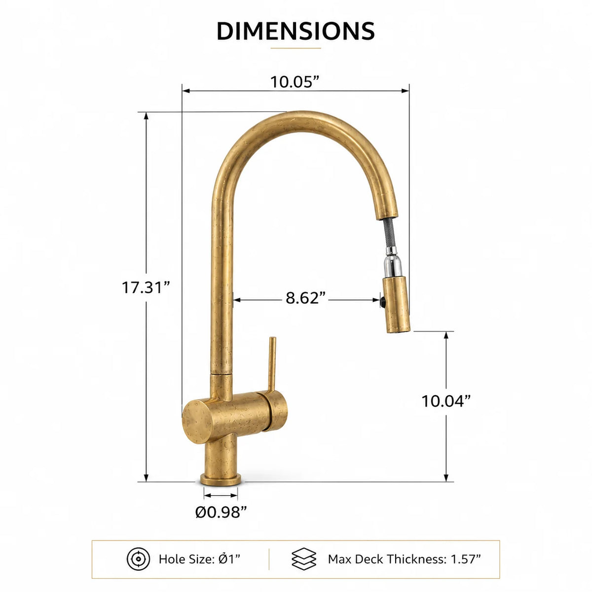 rewster pull-down faucet dimensions showing 17.31-inch height and 8.62-inch spout reach