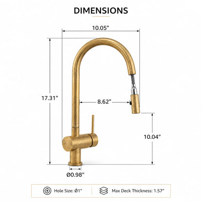 rewster pull-down faucet dimensions showing 17.31-inch height and 8.62-inch spout reach