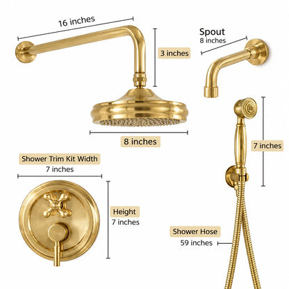 Shawnee shower system dimension guide showing the 8-inch shower head, 8-inch spout, controls, handheld, and hose