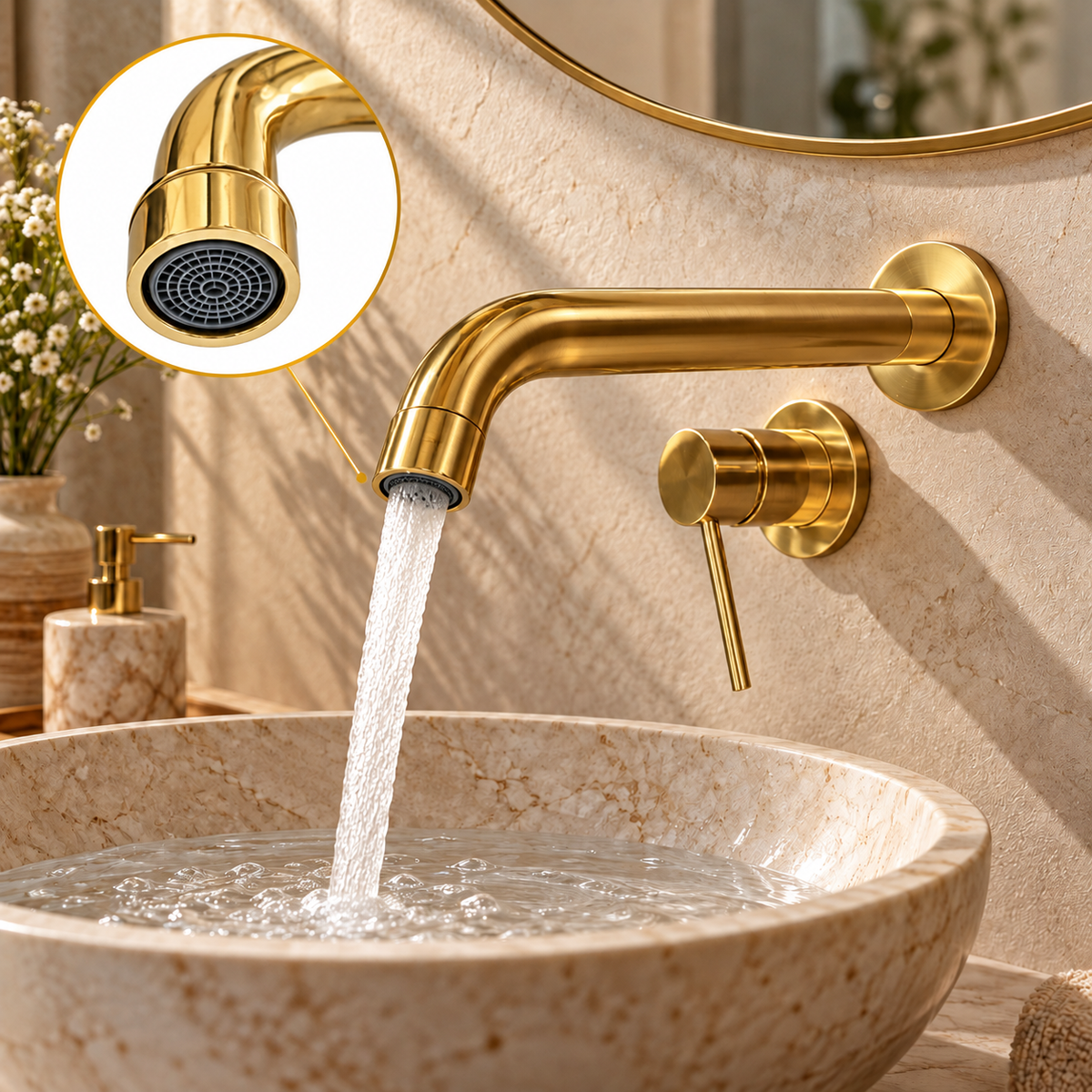 Unlacquered brass wall-mount faucet running into a stone basin, with an inset close-up of the aerator