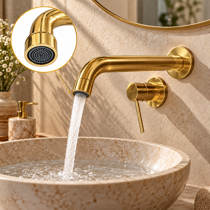 Unlacquered brass wall-mount faucet running into a stone basin, with an inset close-up of the aerator