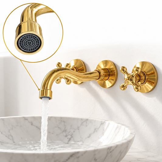 Unlacquered brass wall-mount faucet running into a veined vessel basin, with an inset close-up of the spout aerator