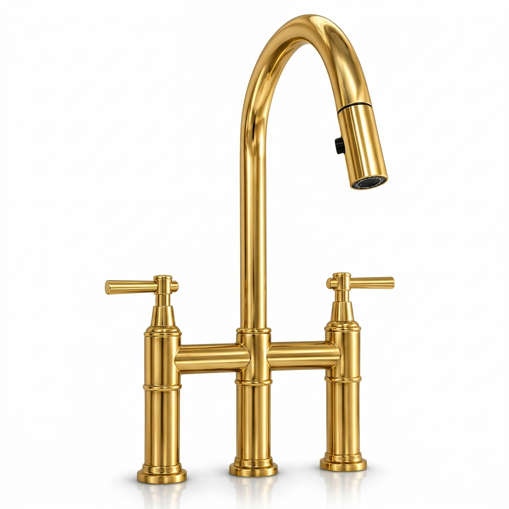 Unlacquered brass pull-down bridge kitchen faucet with a high-arc spout and twin lever handles on a white background