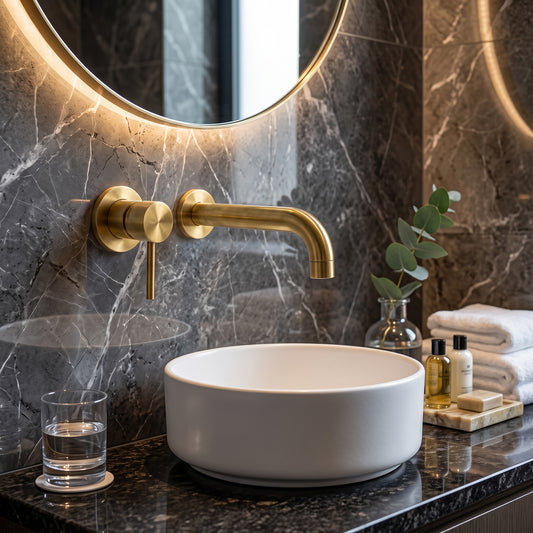 Unlacquered brass wall-mount faucet above a white vessel sink against a dark veined wall