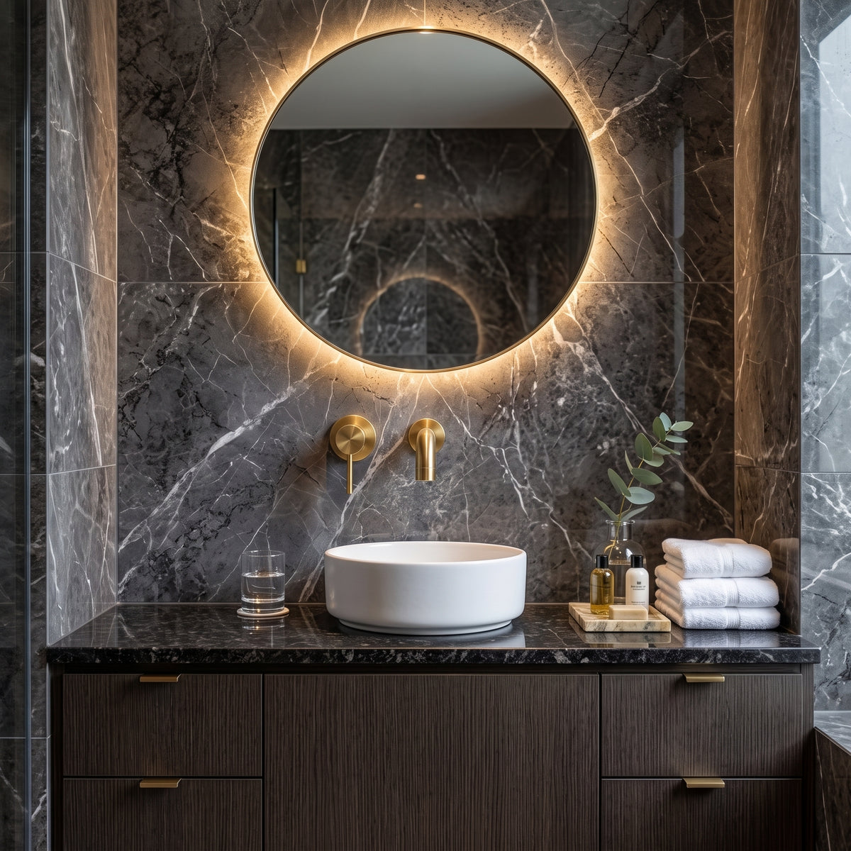 Front view of unlacquered brass bathroom faucet above a vessel sink and dark vanity beneath a round backlit mirror