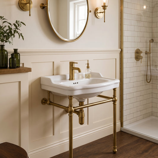 Berlin brass faucet installed on a white console sink beside a tiled shower and round mirror