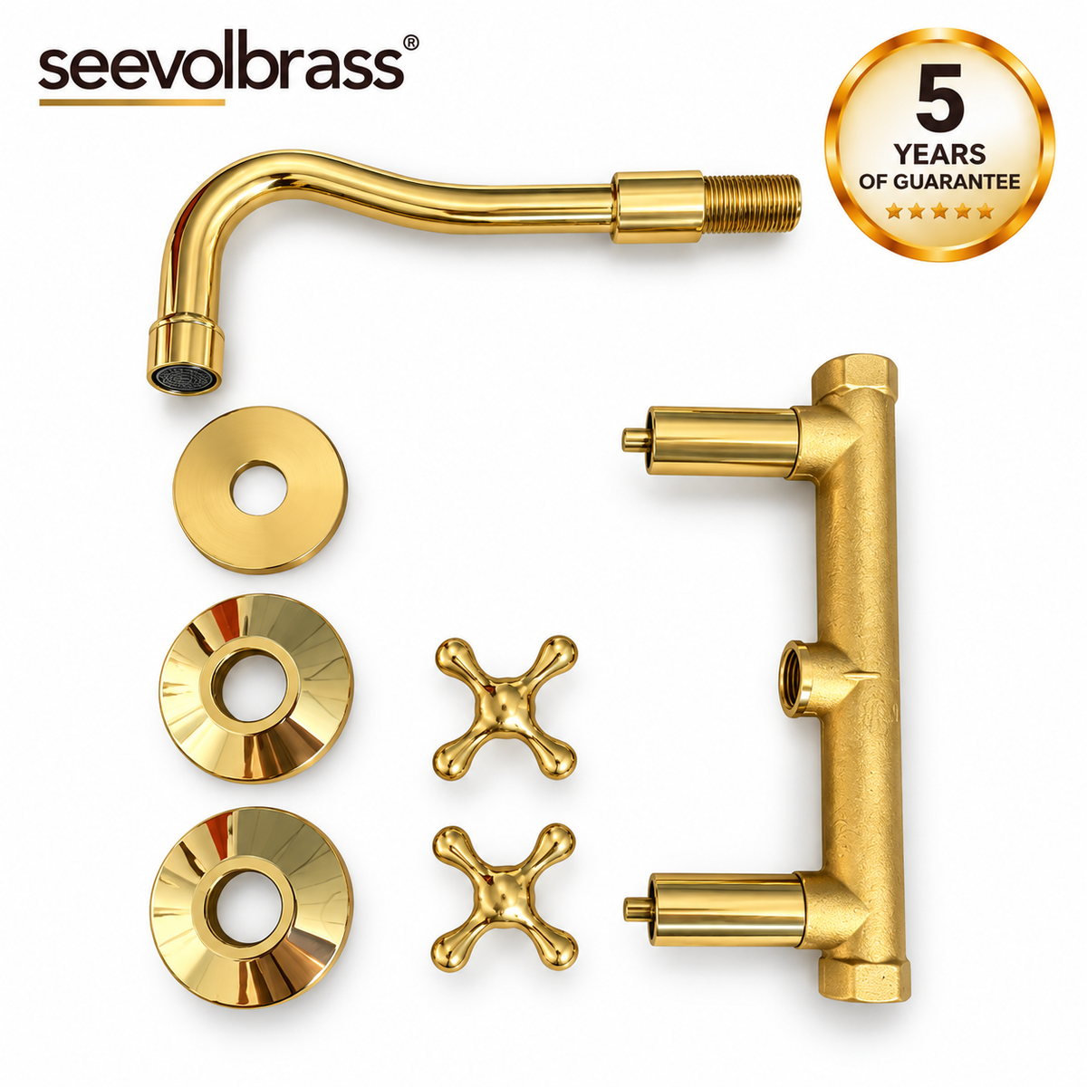 Unlacquered brass wall-mount faucet components: curved spout, two cross handles, three wall plates and valve body