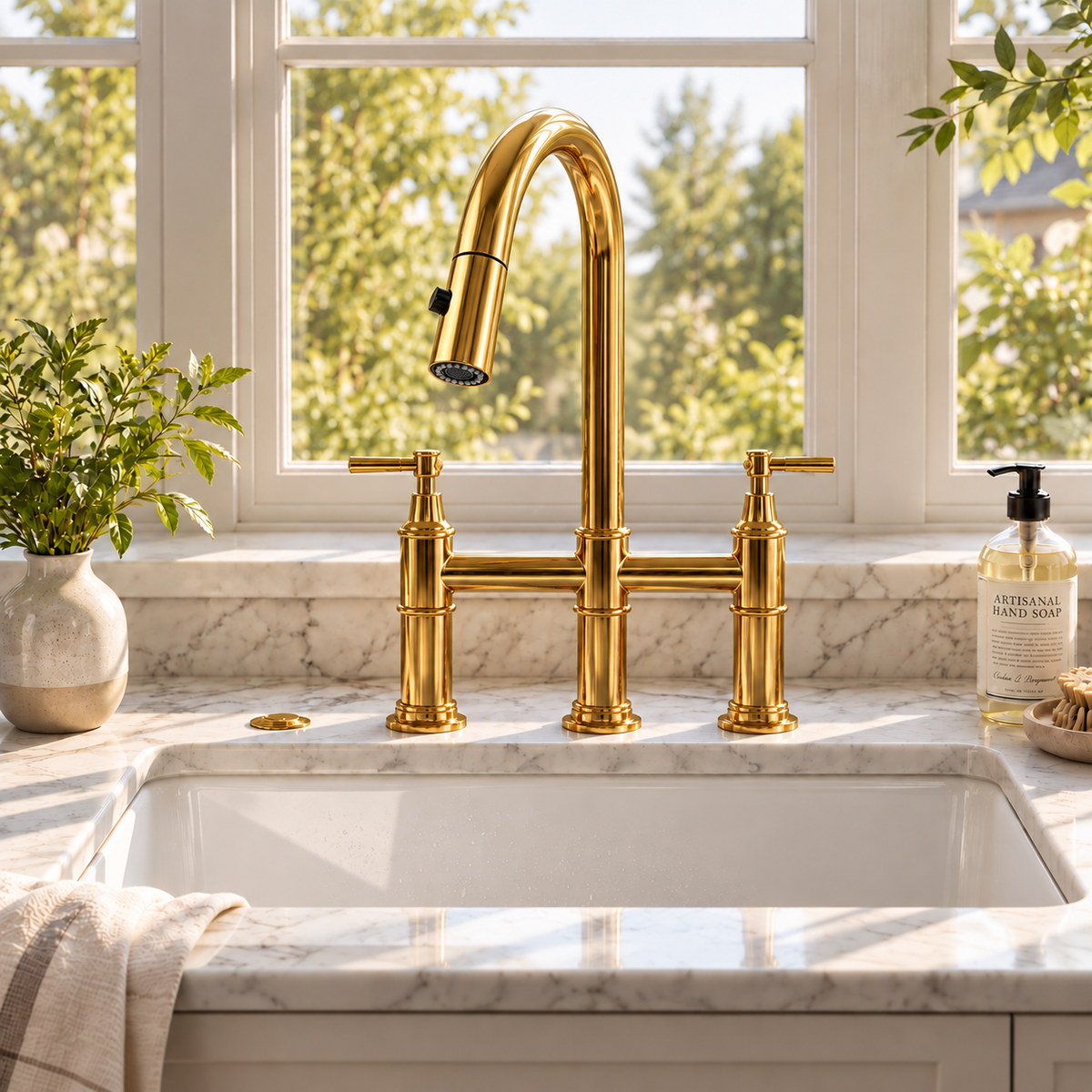 Front view of an unlacquered brass bridge kitchen faucet above a white sink beneath a sunlit window