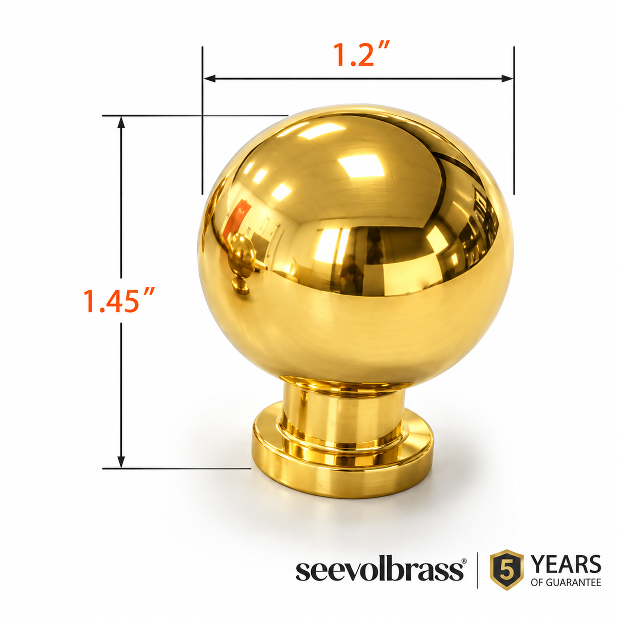 Unlacquered brass ball cabinet knob dimension diagram showing a 1.2-inch diameter and 1.45-inch overall projection