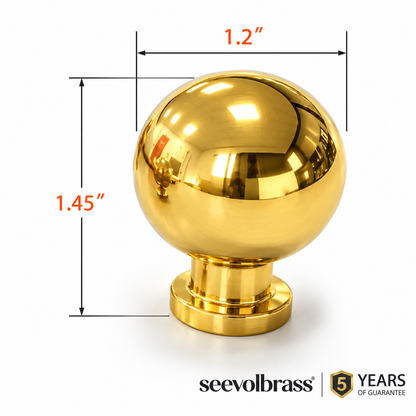 Unlacquered brass ball cabinet knob dimension diagram showing a 1.2-inch diameter and 1.45-inch overall projection