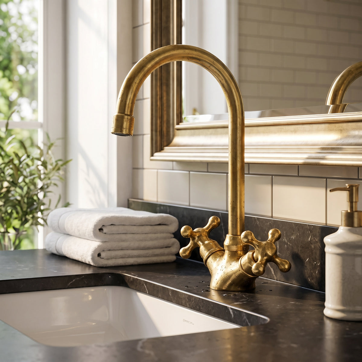 Wenston unlacquered brass single-hole faucet with high-arc spout beside a white sink