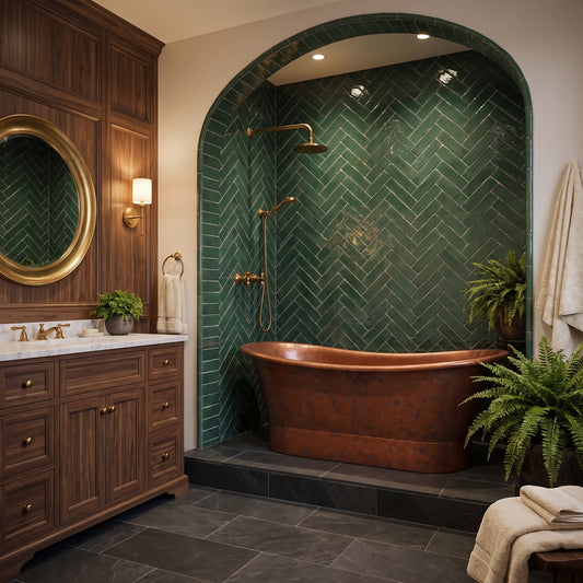 Antique copper freestanding bathtub in an arched green herringbone-tiled alcove beside a wooden vanity