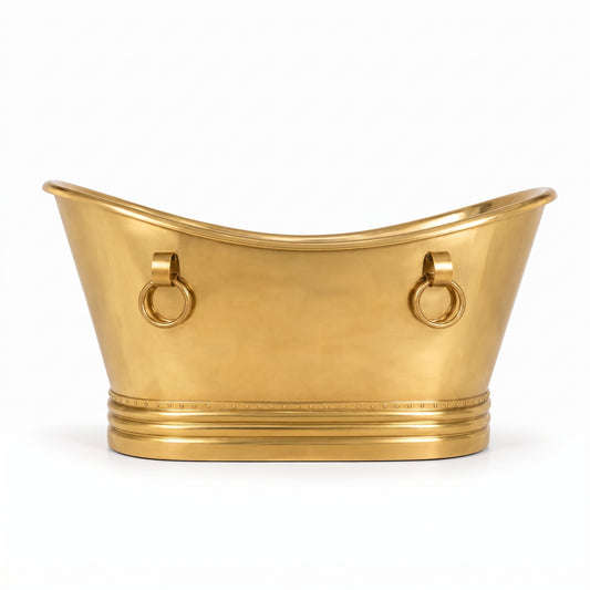 A polished gold-toned metal decorative tub or planter with two ring handles and a fluted base, photographed on a clean white background.