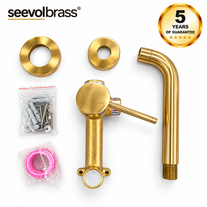 Unlacquered brass faucet components: curved spout, lever valve, round wall plates and mounting hardware, with 5-year guarantee