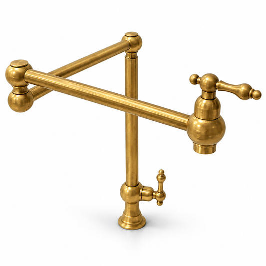 Unlacquered brass deck-mount pot filler with folding arms and dual lever handles, angled view on white
