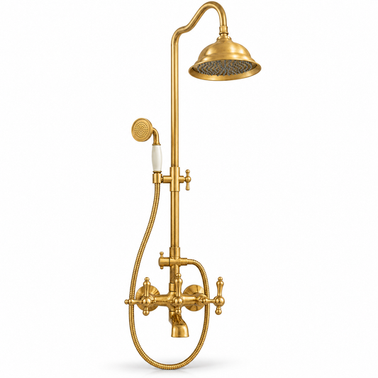 Unlacquered brass rain shower system with handheld shower, cross handles and tub spout on a white background.