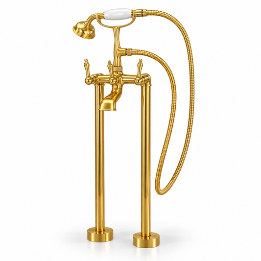 Unlacquered brass freestanding telephone tub filler with twin columns and white-grip hand shower on a white background