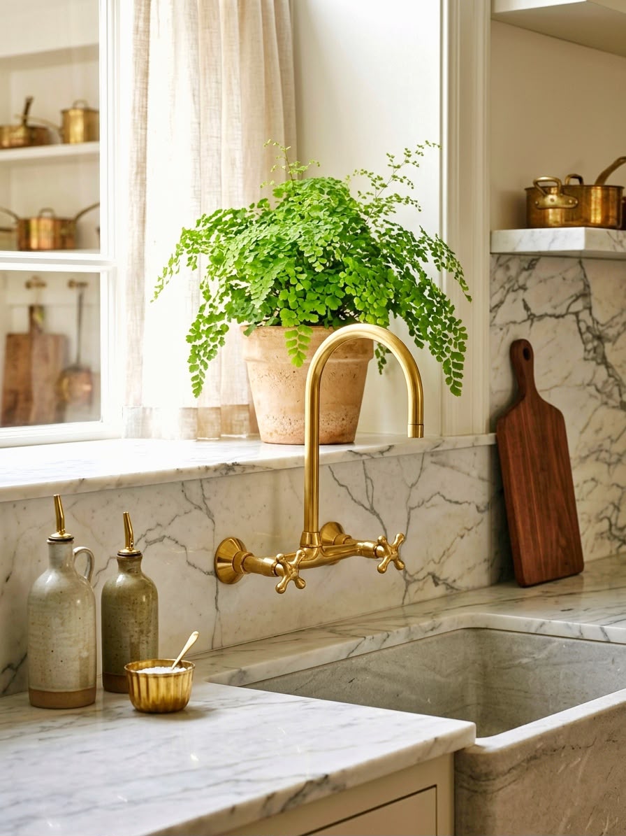 Brass wall-mount bridge faucet above a copper kitchen sink with a cutting board and lemon