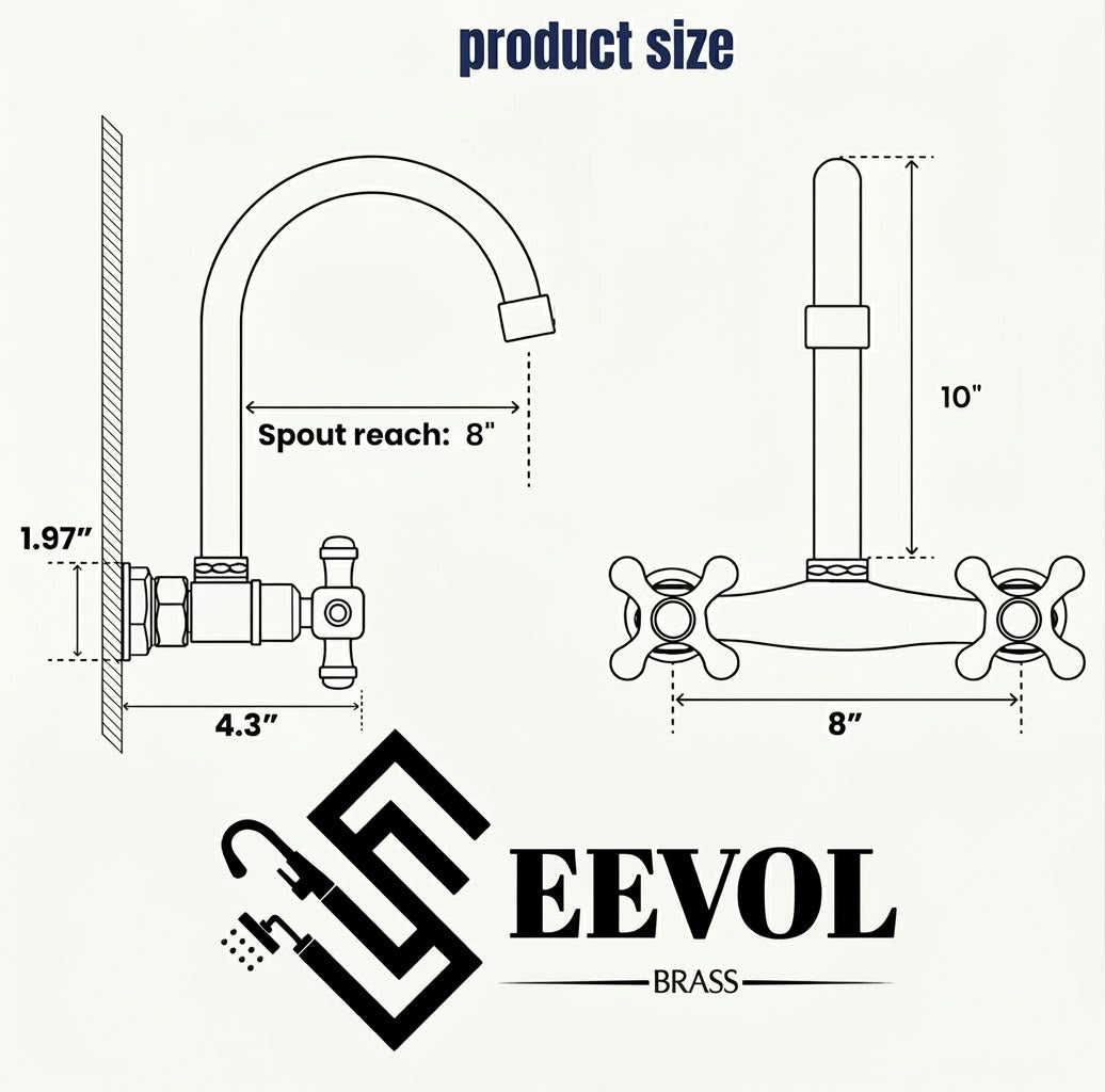 Ramsey wall-mount faucet dimension diagram showing 8-inch handle spacing and spout reach
