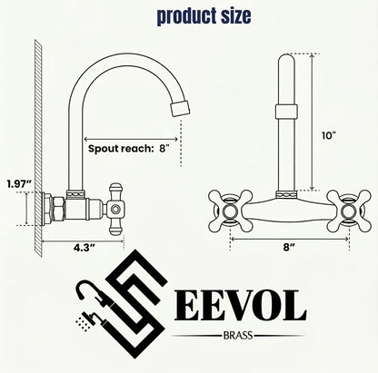 Ramsey wall-mount faucet dimension diagram showing 8-inch handle spacing and spout reach