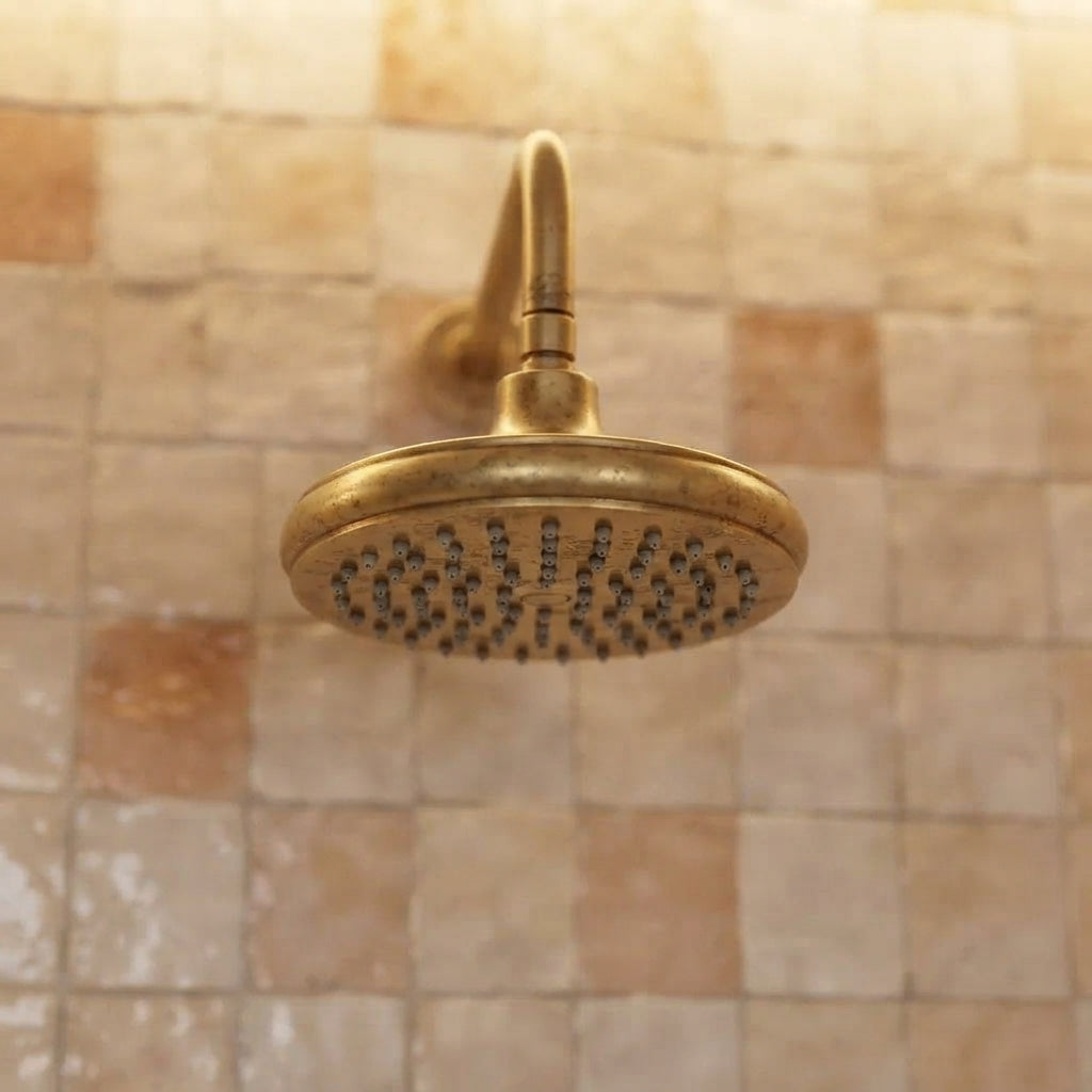 Underside of the Shawnee rainfall shower head, showing its spray nozzles against a tiled wall
