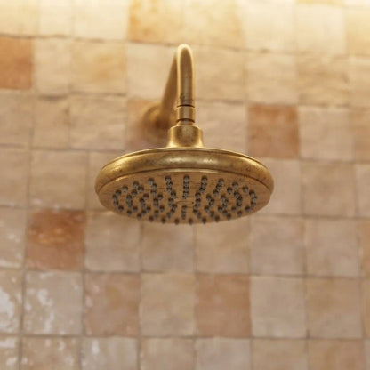 Underside of the Shawnee rainfall shower head, showing its spray nozzles against a tiled wall