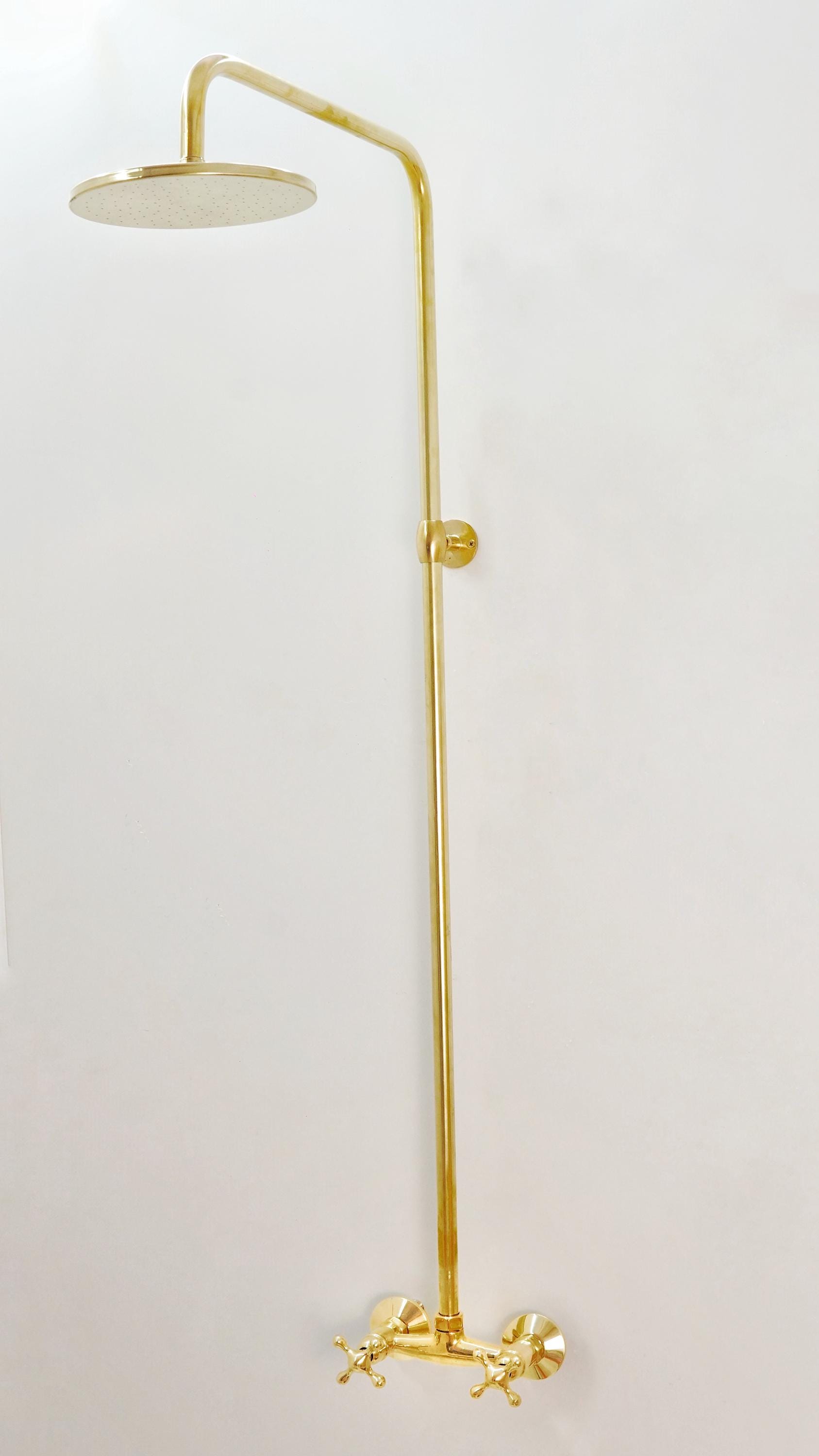 Unlacquered Brass Rainfall Shower System, Solid Brass, Exposed Pipe