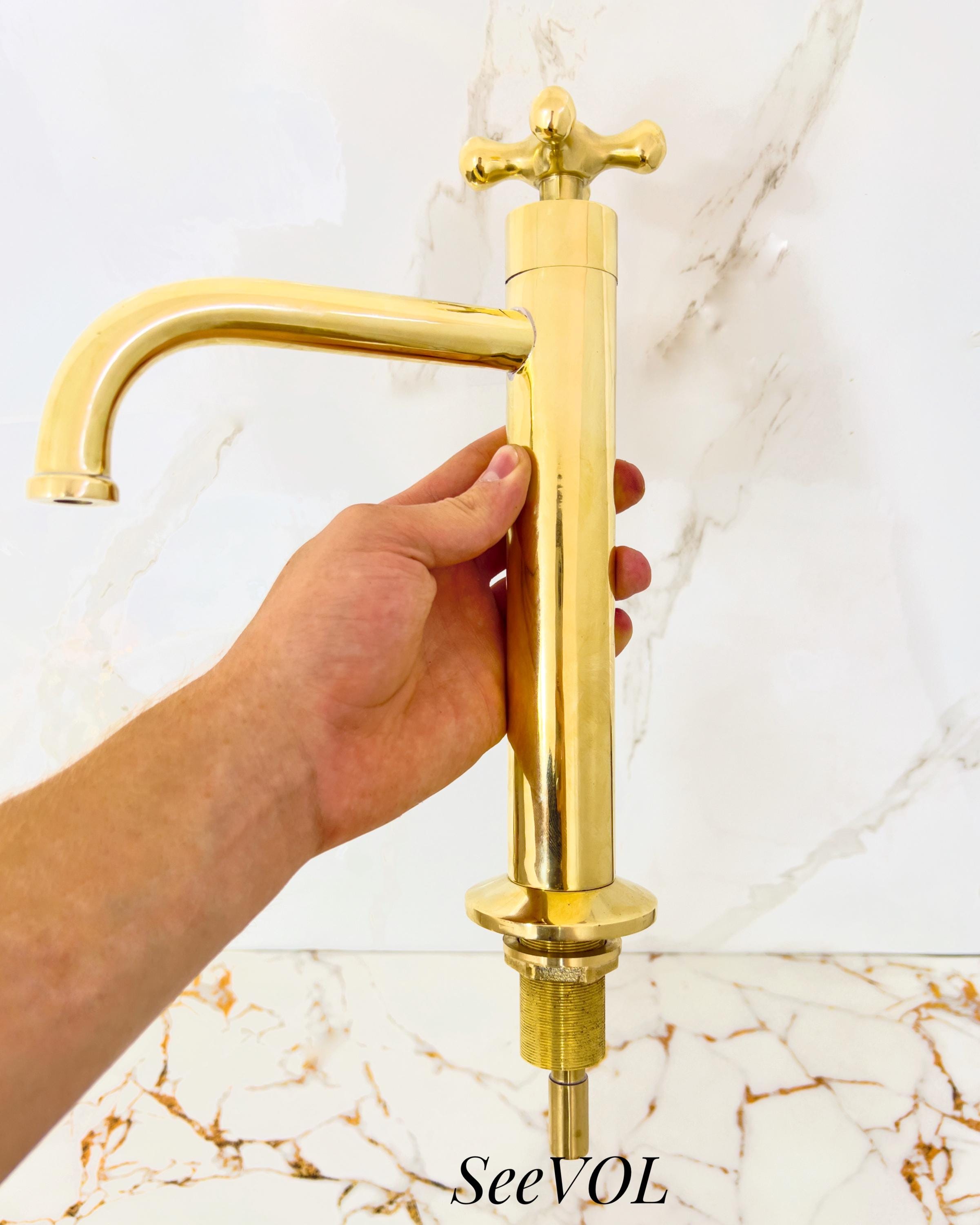 Handmade Unlacquered Brass Faucet, Solid Brass Vessel Sink Tap