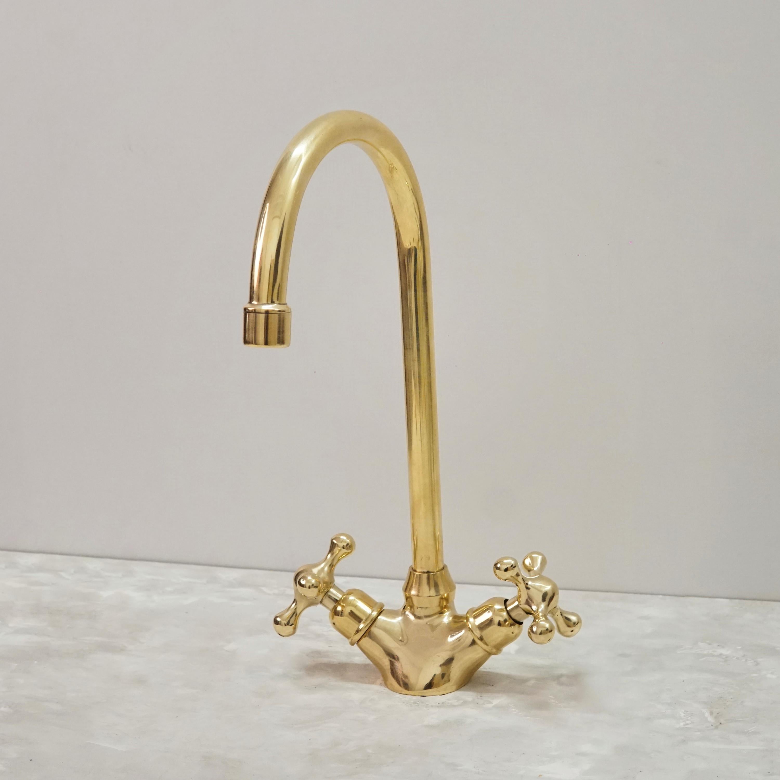 Unlacquered Brass Basin Faucet, Vintage Double Handle Tap, Single Hole Design For Bathroom
