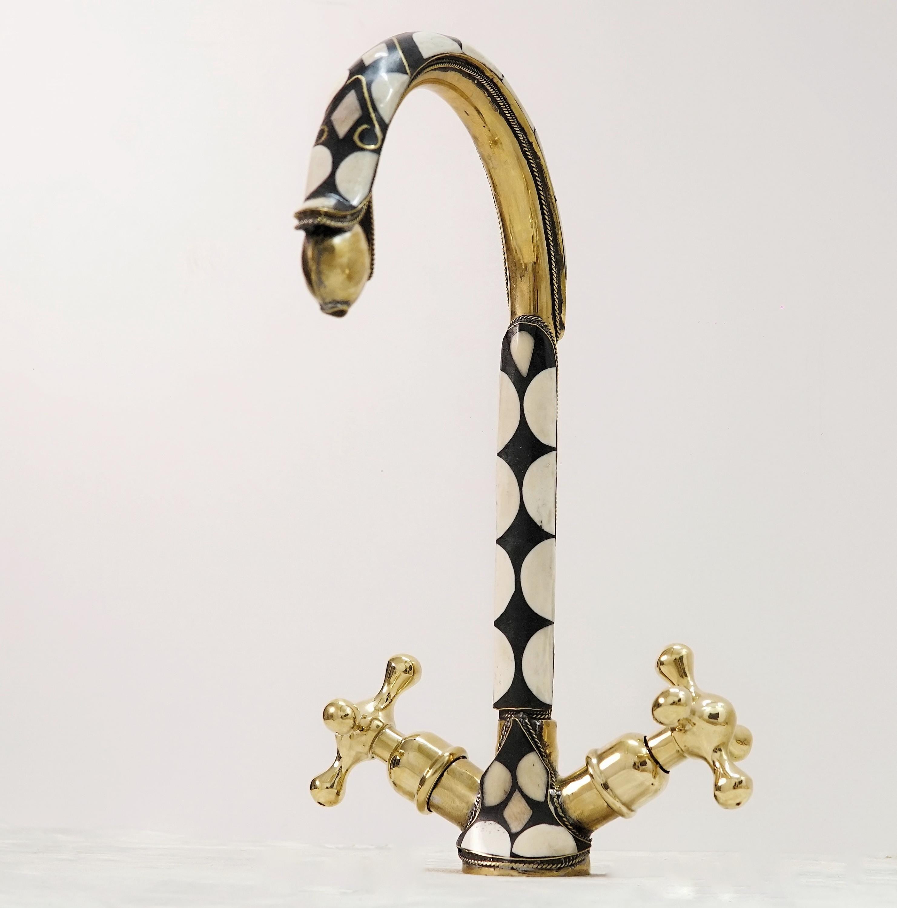 Handcrafted Brass & Resin Faucet: Geometric Inlay Gooseneck Design