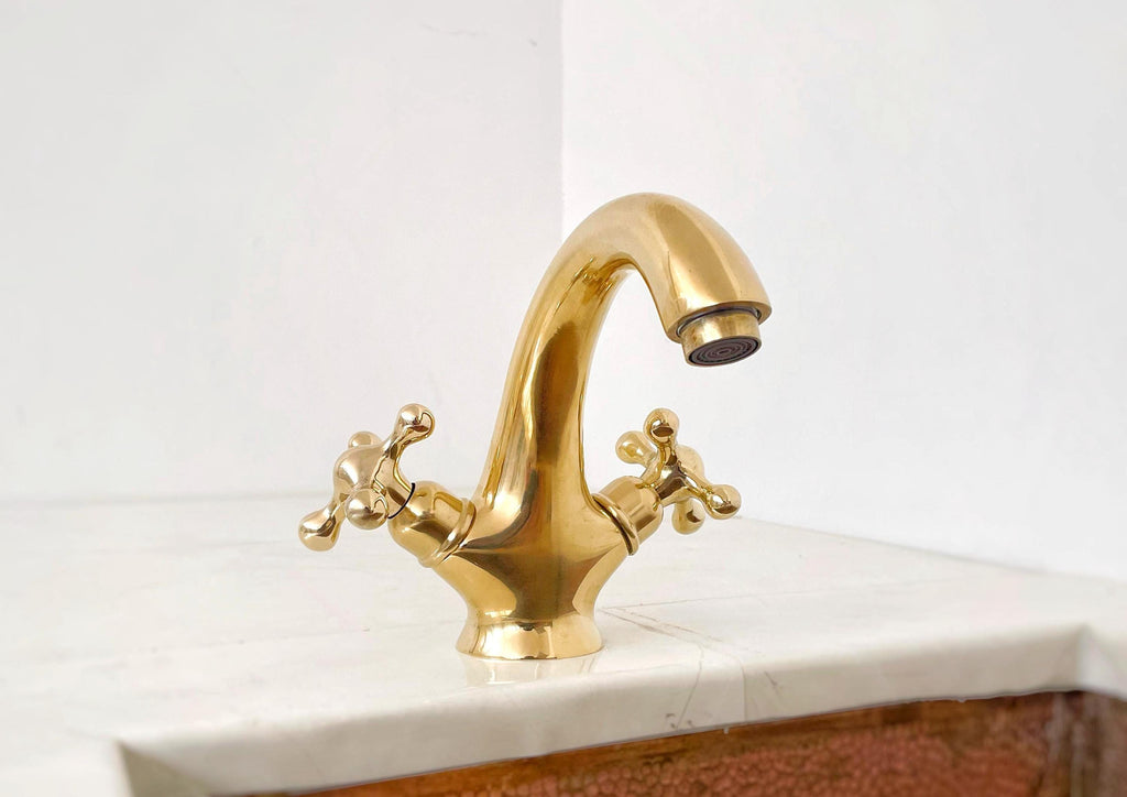 Unlacquered brass bathroom faucet, Single hole design, double handle faucet, Vintage style