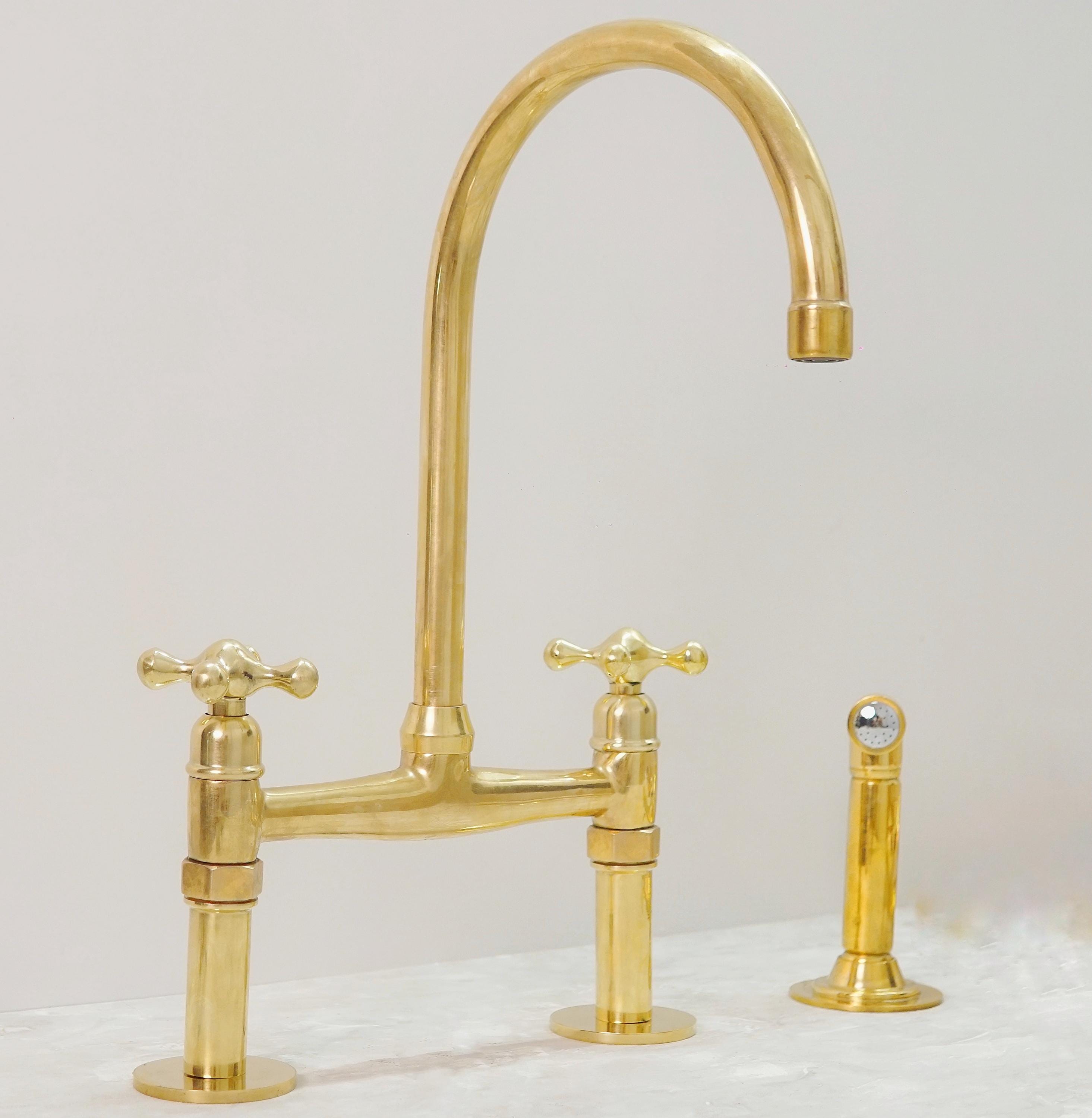 Unlacquered Brass Bridge Kitchen Sink Faucet with Side Sprayer and Drinking Water Tap