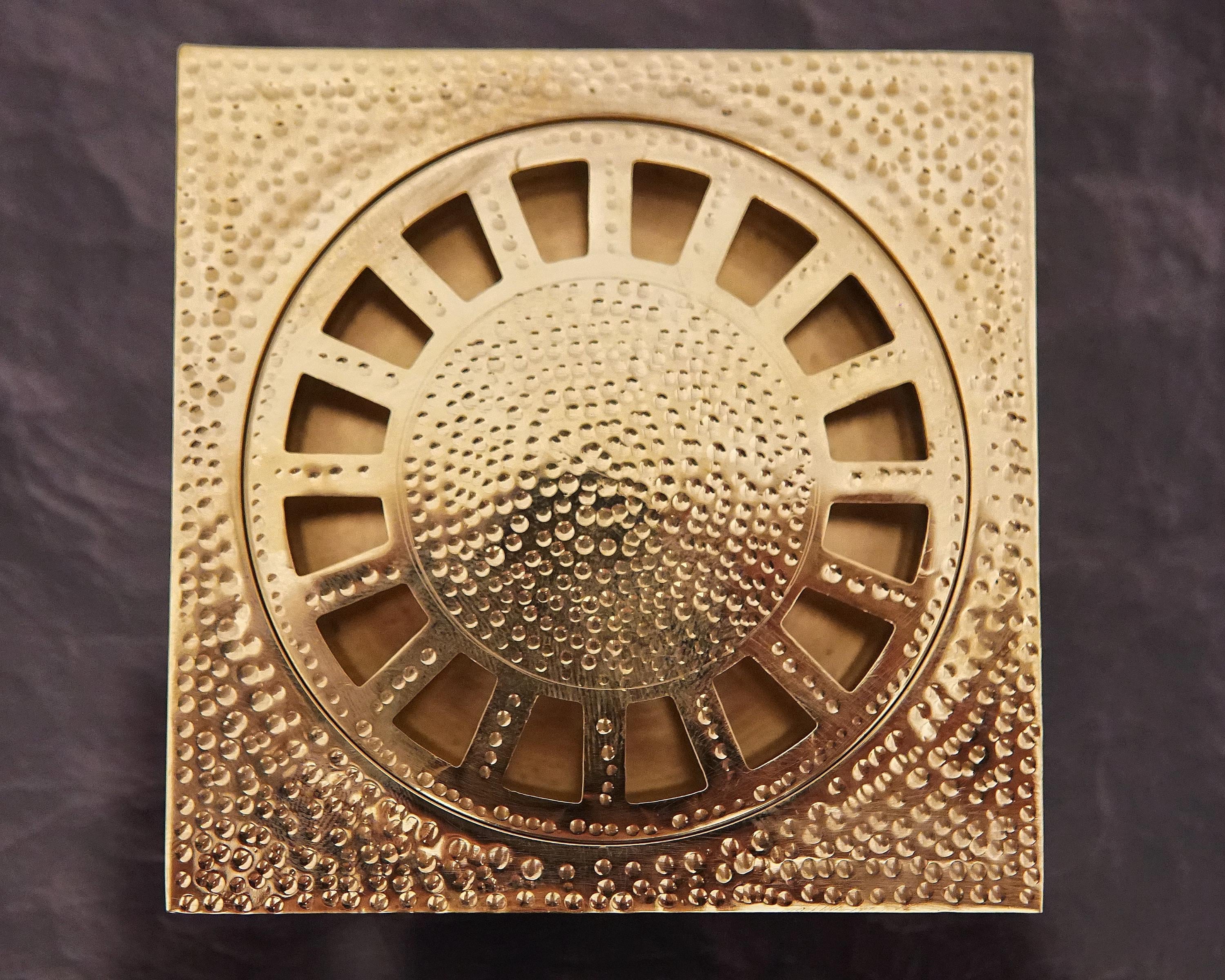 Unlacquered Brass Hammered Square Shower Floor Drain: Solid Brass