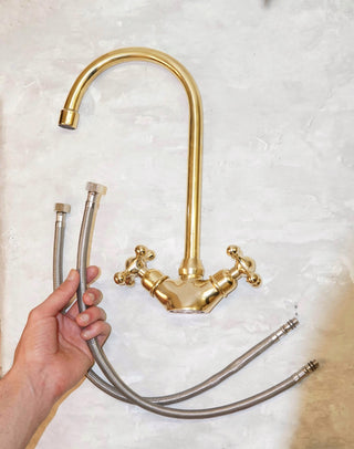 Unlacquered Brass Basin Faucet, Vintage Double Handle Tap, Single Hole Design For Bathroom
