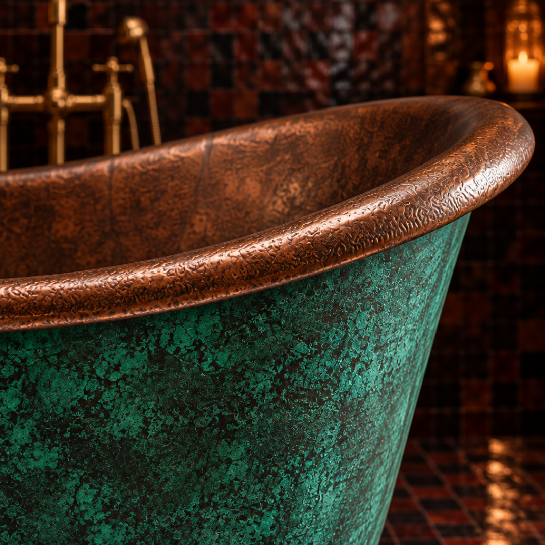 Close-up of The Patina Bath’s textured brown rolled rim and mottled green patina exterior