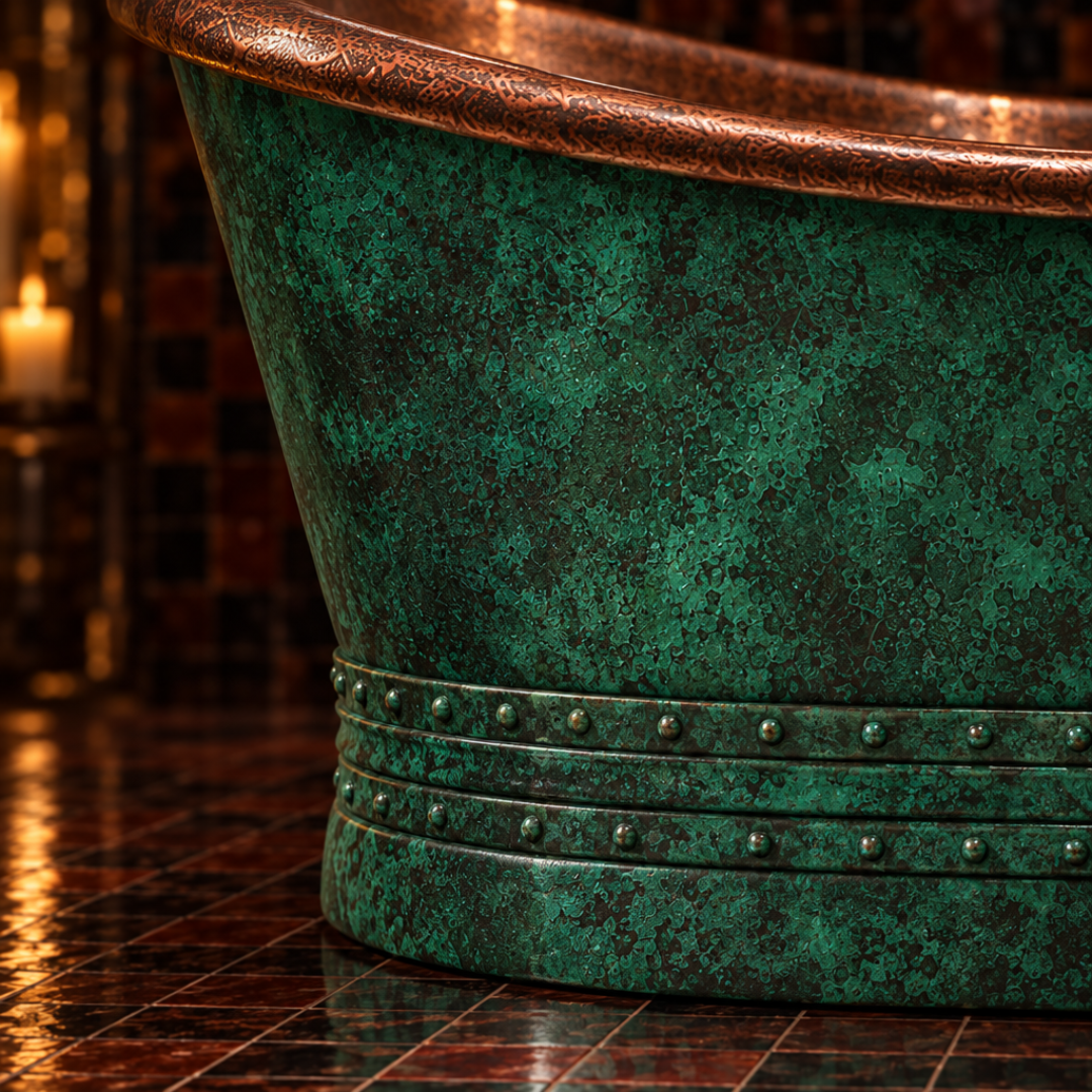 Close-up of The Patina Bath’s green aged brass exterior and riveted pedestal base on a tiled floor