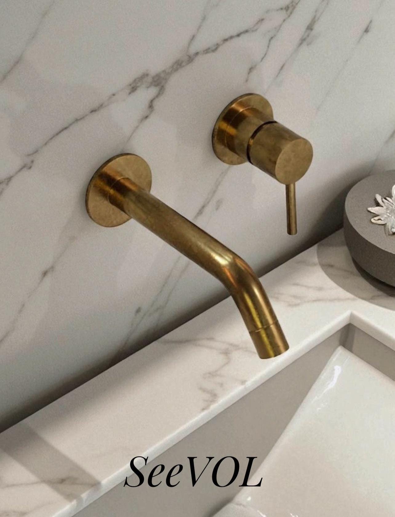 Unlacquered Brass Wall Mount Faucet, Single Handle Mixer, Vintage Solid Brass