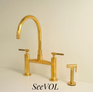 Unlacquered Brass Bridge Kitchen Faucet, Side Sprayer, Farmhouse Style