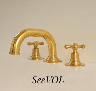 Unlacquered Brass Bathroom Faucet: Deck Mounted 3-Hole Sink