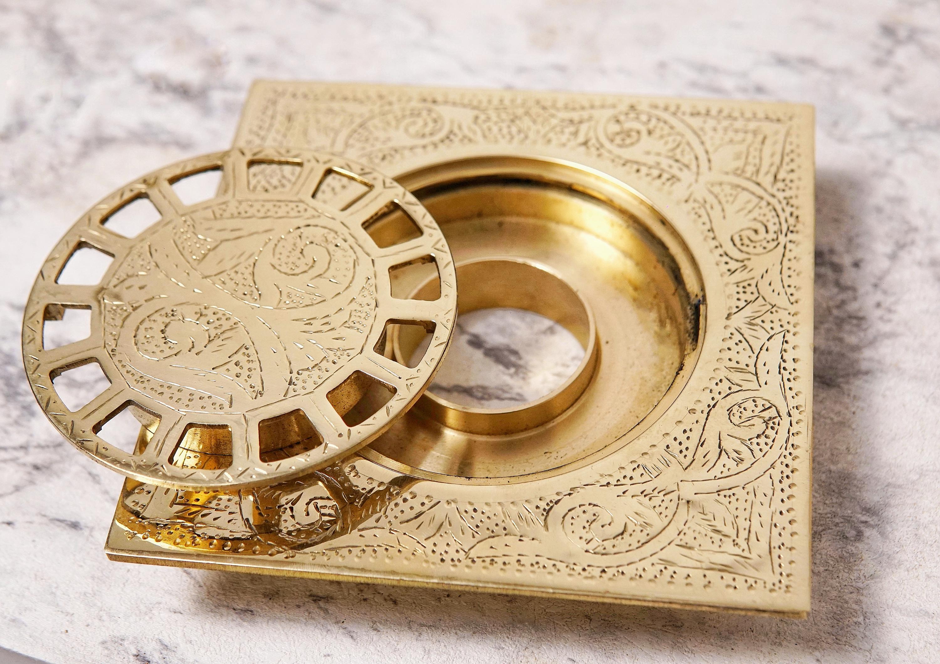 Engraved Brass Square Shower Drain, Floral Motif