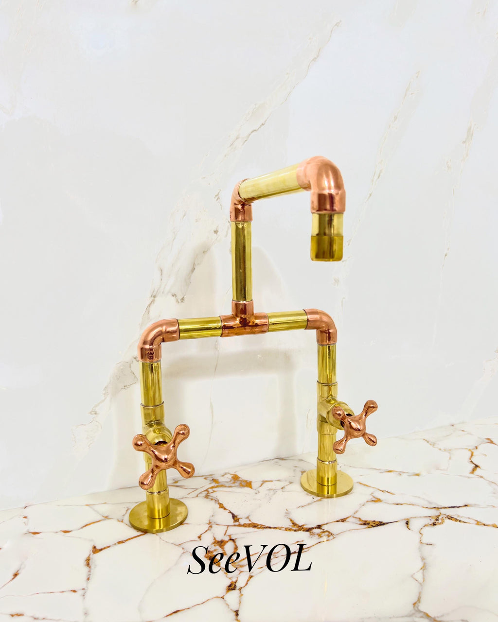 Handmade Brass & Copper Faucet, Industrial Vintage Double Handle Sink Tap